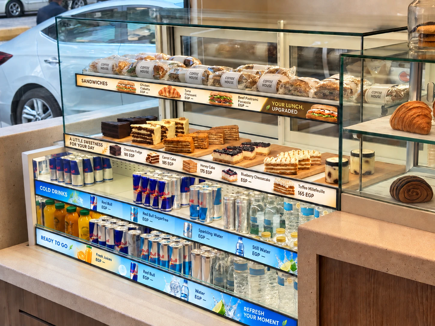 Coffee House refrigerated shelves with digital bar displays