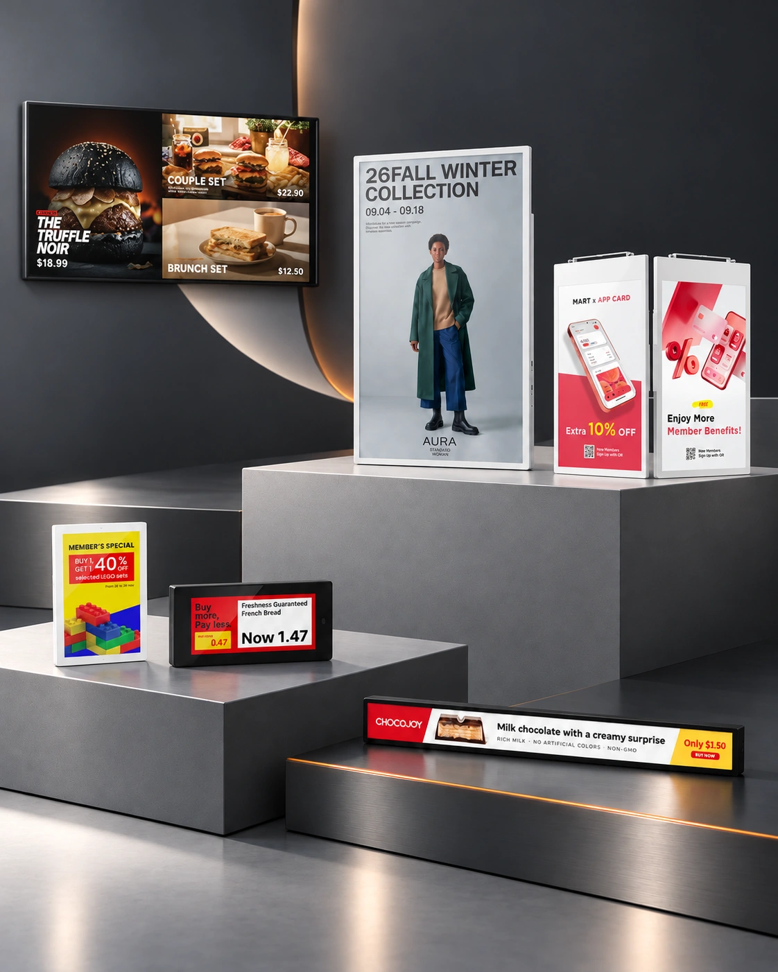 SOLUM professional display, e-paper, dual-sided displays, full-colour and Newton electronic labels, and bar display in a modern architectural studio